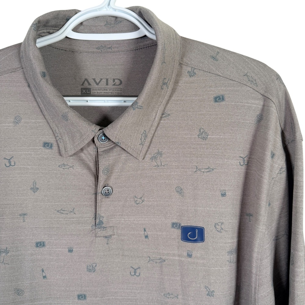 AVID Performance Polo Shirt Mens XL Grey‎ Fishing Print UV Protection